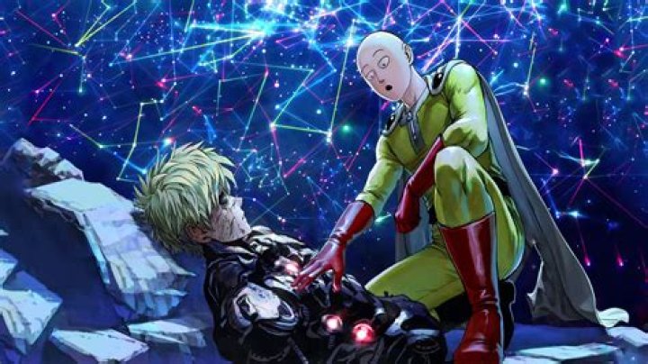 Genos looking threatening while Saitama excitedly jumps up in the backgroud in season 1, episode 12 of One Punch Man.